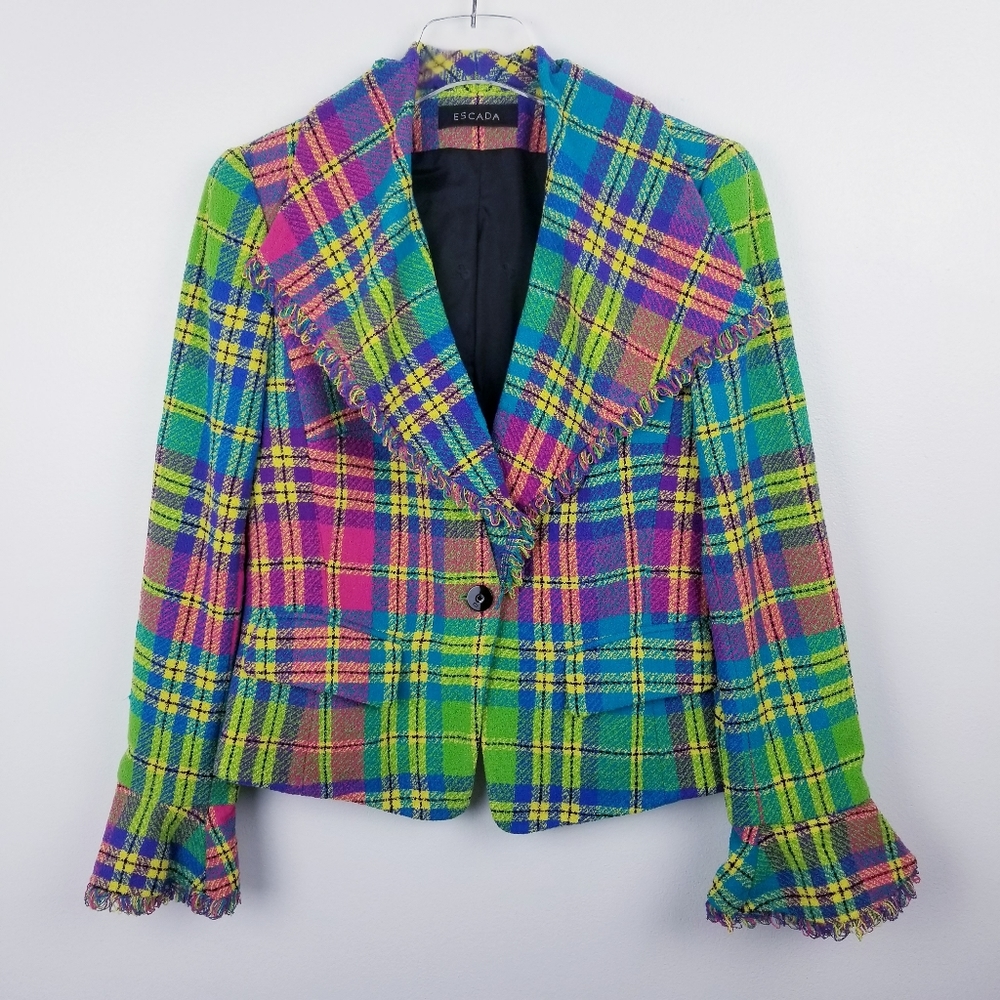Escada Neon Plaid Wool Blazer